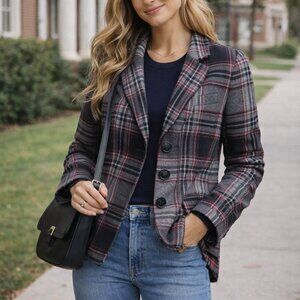 Talbots Blazer Wool Blend Plaid Red Gray Black Lined Size 14